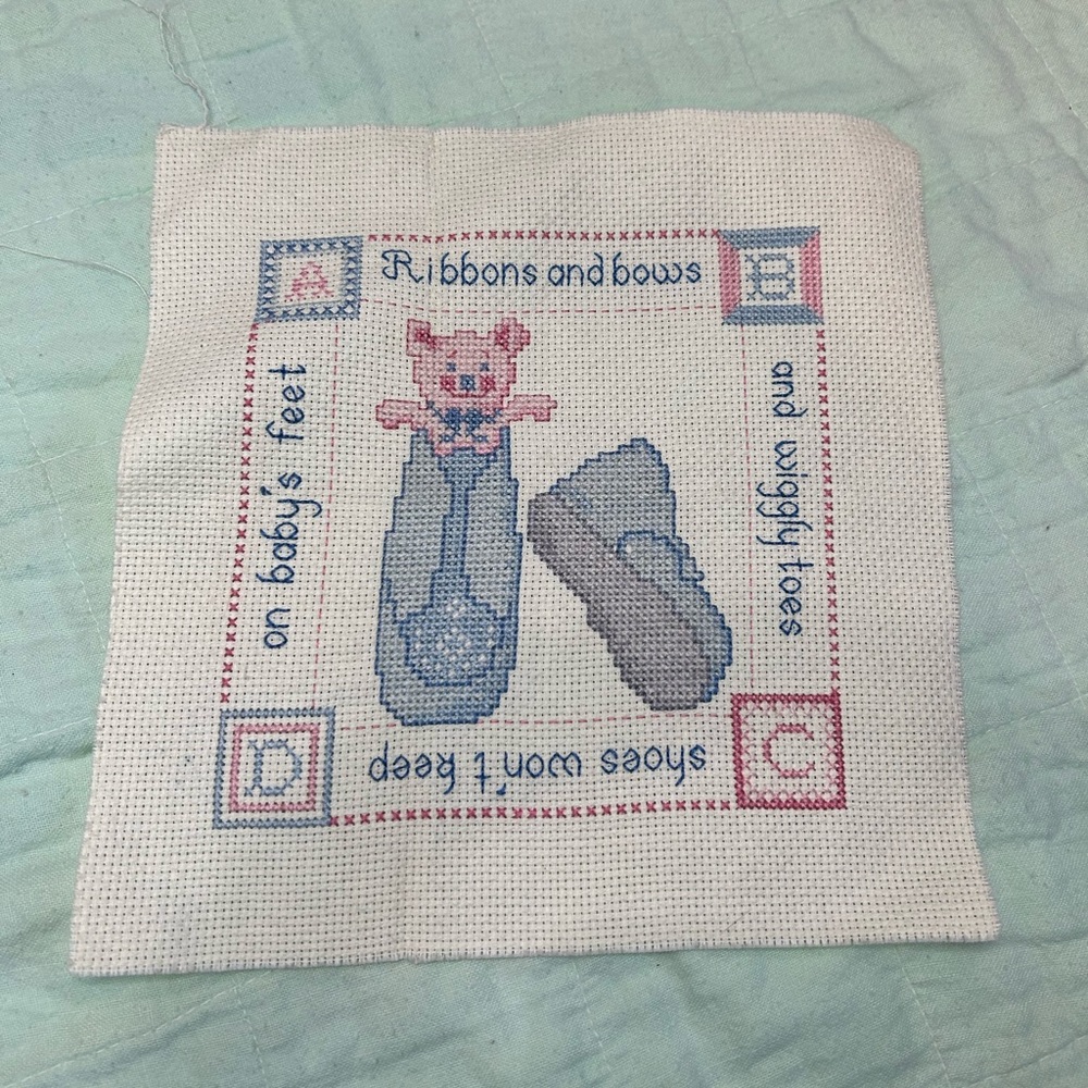 Vintage Cross-Stitch Blue Baby Shoes Nursery Rhyme
